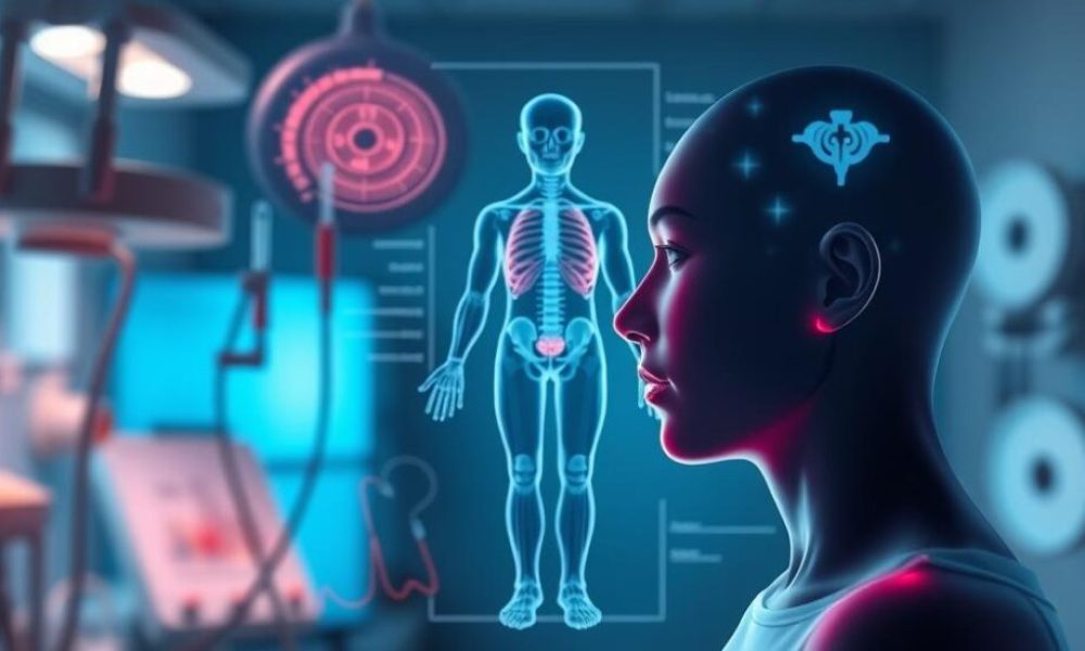 Vertigo anksiyete ilişkisi - hasta belirti gosterimi ve anatomik kesit illustrasyonu