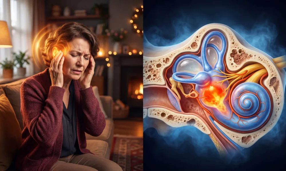 Meniere hastalığı belirtileri - hasta belirti gosterimi ve anatomik kesit illustrasyonu