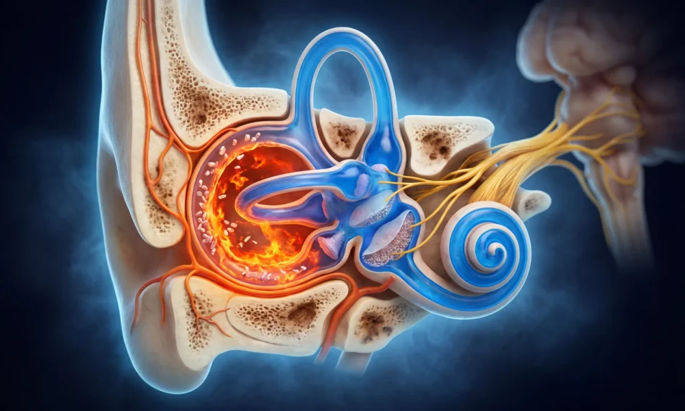 Vertigo neden olur - medikal atlas stilinde anatomik kesit illustrasyonu