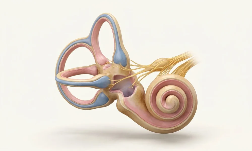 İç kulak vestibüler sistem anatomik kesit: koklea, yarım daire kanalları, vestibül — vertigo denge sistemi
