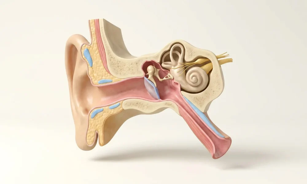 Orta kulak ve östaki tüpü anatomik kesit — kulak tansiyonu (timpanometri) muayenesi