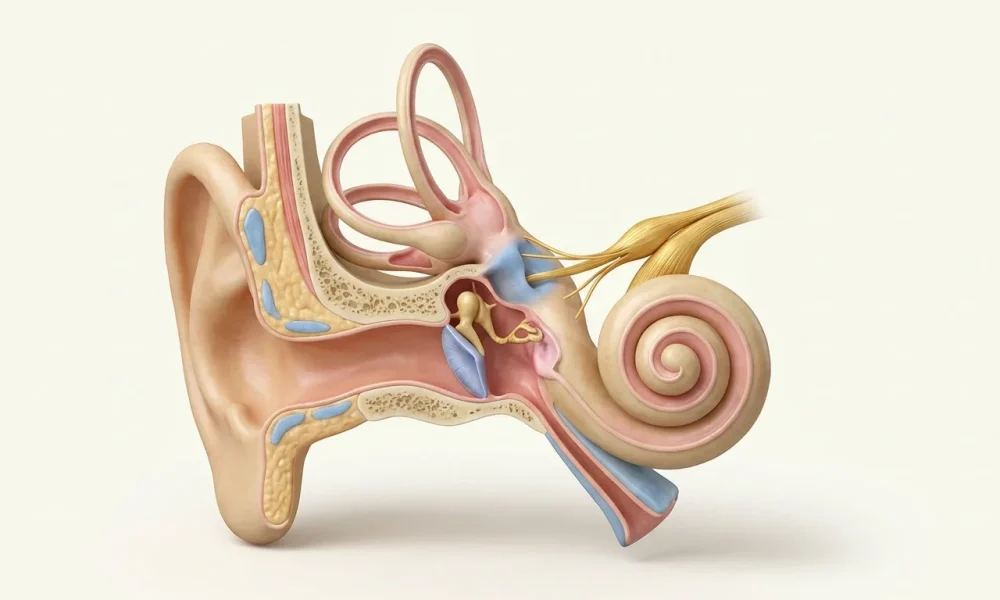 İç kulak denge sistemi anatomik kesit: koklea, yarım daire kanalları, vestibül — vertigo rehabilitasyon egzersizleri