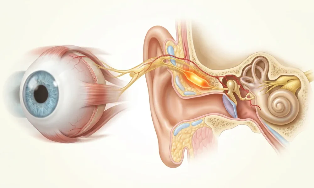 Nistagmus nedir - medikal atlas stilinde anatomik kesit illüstrasyonu