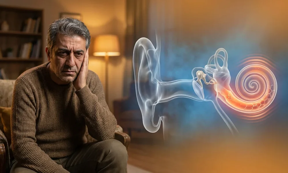 Tinnitus tedavi - hasta belirti gösterimi ve anatomik kesit illüstrasyonu