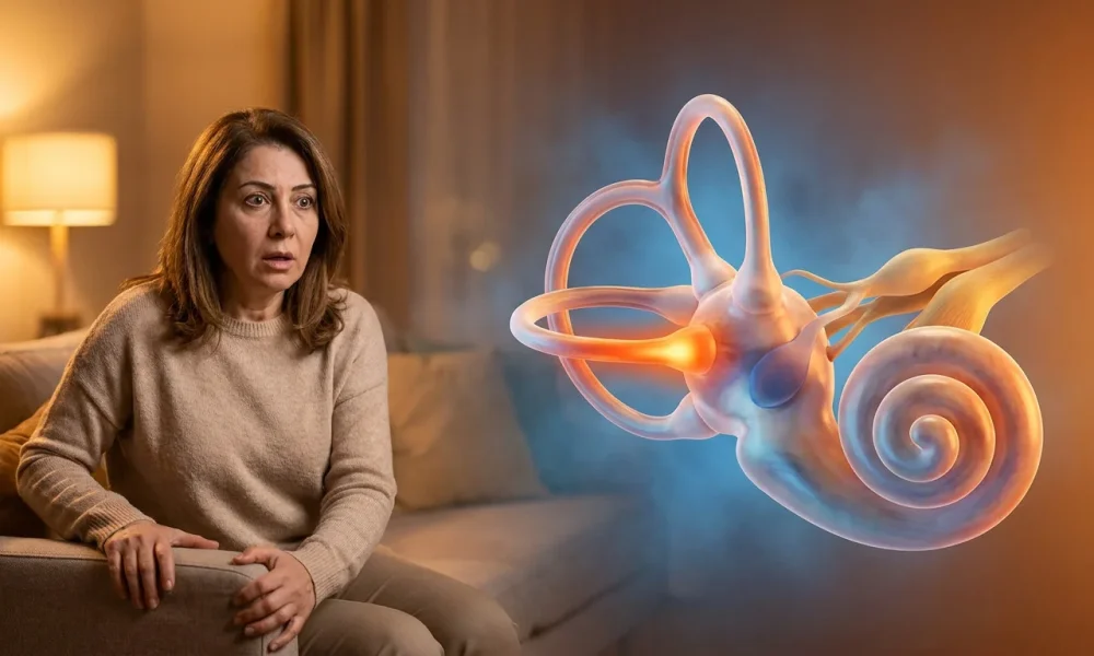 Vertigo atağı nasıl olur - hasta belirti gösterimi ve anatomik kesit illüstrasyonu