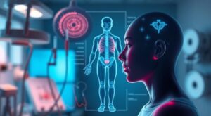 Vertigo anksiyete ilişkisi - hasta belirti gosterimi ve anatomik kesit illustrasyonu