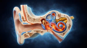 İç kulak labirent anatomisi - kohlea yarım daire kanalları ve vestibulokoklear sinir kesiti, vertigo çınlama mekanizması
