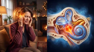 Meniere hastalığı belirtileri - hasta belirti gosterimi ve anatomik kesit illustrasyonu