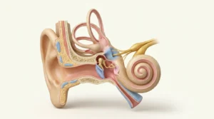 İç kulak denge sistemi anatomik kesit: koklea, yarım daire kanalları, vestibül — vertigo rehabilitasyon egzersizleri