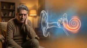 Tinnitus tedavi - hasta belirti gösterimi ve anatomik kesit illüstrasyonu