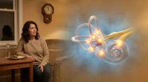 Vertigo tetikleyicileri nelerdir - hasta belirti gösterimi ve anatomik kesit illüstrasyonu